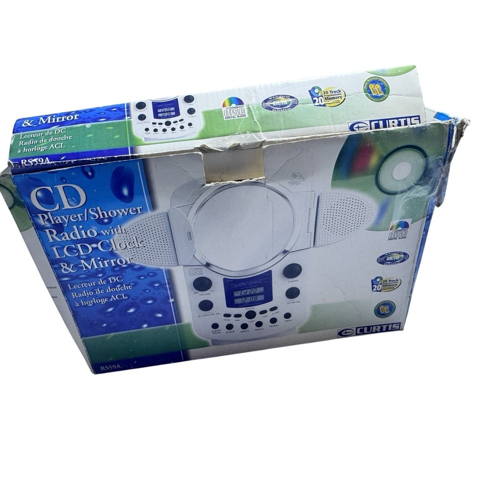 Curtis RS-59A Shower Radio CD Player LCD Clock Mirror Water Resistant White